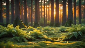 Walking Through Forest with Moss and Ferns at Golden Hour photo