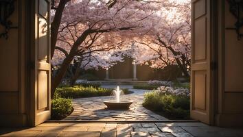 Viewing a Cherry Blossom Garden Through an Open Door with Fountain photo