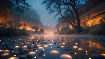 River Flowing Through a Canyon with Glowing Light Reflections photo