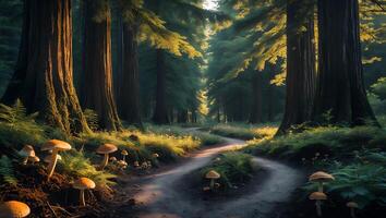 Walking Path Through Forest with Tall Trees and Wild Mushrooms photo