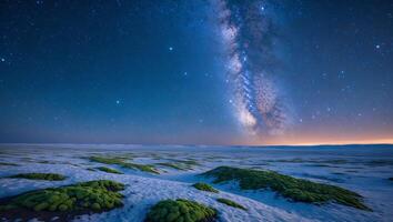Milky Way Over Snowy Landscape with Mossy Patches at Night photo