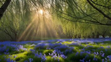 Sun Rays Shining Through Willow Trees Over a Bluebell Field photo