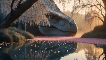 Dinosaur in Fantasy Landscape with Reflective Water and Pink Petals photo