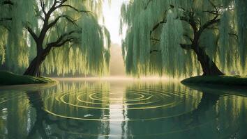 Willow Tree by the Lake with Ripples at Golden Hour photo