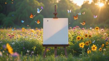 Easel in Flower Field with Flying Butterflies Under Sunlight photo
