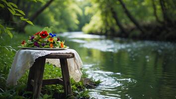 Serving Edible Flower Salad Outdoors by River on Rustic Wooden Stool photo