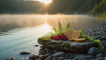 Fresh Fruits Displayed on Mossy Stone by Lake at Sunrise photo
