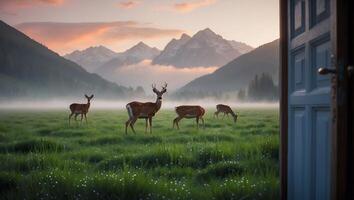 Deer Grazing in Meadow at Dawn Seen Through Open Doorway photo