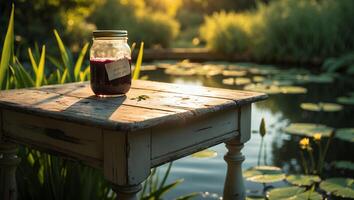Jar of Fruit Preserves on Rustic Table by a Pond at Sunset photo