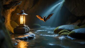Bat Flying Through Cave with Lantern and Stream of Light photo