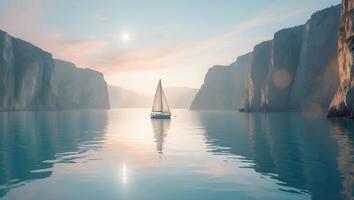 Sailboat Sailing on a Calm Lake Surrounded by Tall Rocky Cliffs photo