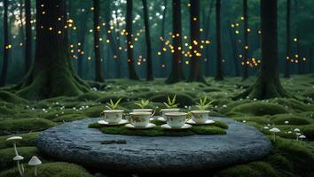 Teacups with Plants on Stone Table in Enchanted Forest Setting photo