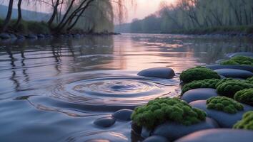 River Ripples and Mossy Stones Calm Water Landscape at Dusk photo