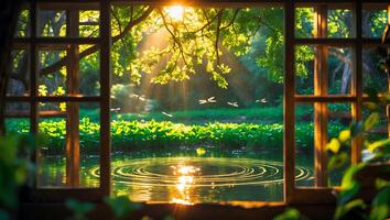 Viewing Forest Pond with Dragonflies Through a Window at Sunset photo