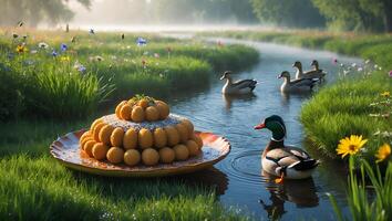 Cake on Plate with Ducks Swimming in Stream Amidst Nature photo