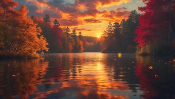 Reflecting Autumn Foliage on a Calm Lake at Sunset photo