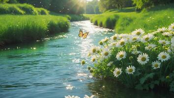 Butterfly Flying Over Stream with Daisies and Sunlight in Meadow photo