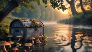 Old Wooden Chest and Mushrooms Near Riverbank During Golden Hour photo