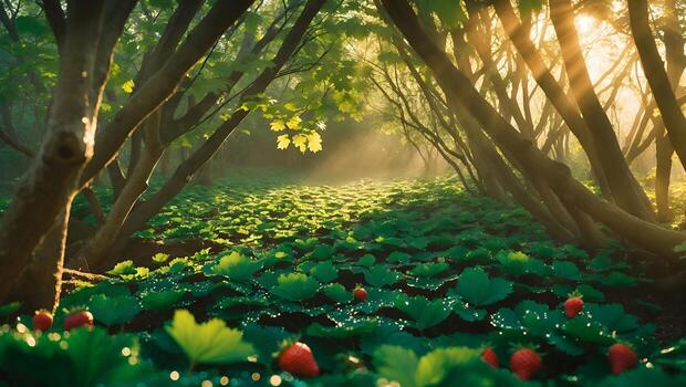 Walking Path Through Forest Strawberry Field Lit by Soft Morning Sunlight photo
