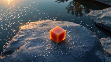 Single Caramel Cube with Sea Salt on Rock Beside Water photo