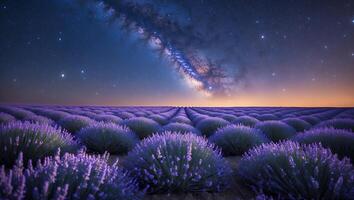 Lavender Field Under Night Sky with Stars and Milky Way photo