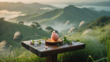 Sphere with Flower on Wooden Table Overlooking Misty Green Hills photo