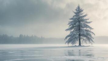 Snow Covered Pine Tree Stands on Frozen Lake in Winter Fog photo