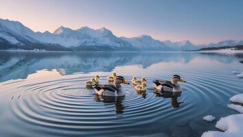 Duck Family Swimming in Lake Reflecting Snowy Mountains at Dawn photo