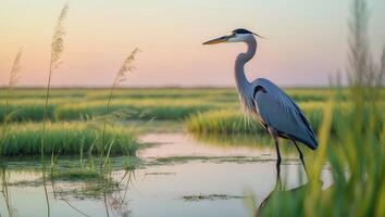 Great Blue Heron Standing in Calm Wetland Marsh at Sunrise photo