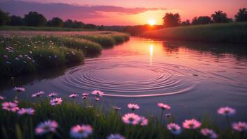 Sunset Over Still Water with Ripples and Wildflowers Blooming photo