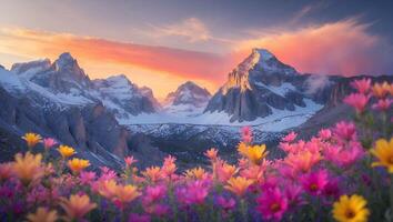 Scenic Mountain Landscape with Wildflowers at Sunrise and Colorful Sky photo