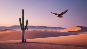 Eagle Flying Over Desert Landscape with Cactus and Sand Dunes photo