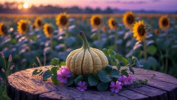 Yellow Pumpkin and Pink Flowers on Wood Slice in Sunflower Field photo
