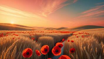 Vibrant Poppies Bloom in Golden Wheat Field at Sunset photo