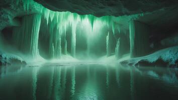 Exploring a Mysterious Cave with Icicles and Reflecting Green Water photo