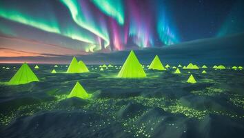 Glowing Pyramids Beneath Aurora Borealis Lit Night Landscape photo