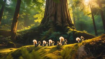 Squirrels Walking Through Forest Glade on Mossy Ground in Sunlight photo