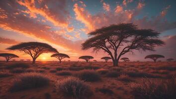 Open Savannah Landscape with Umbrella Trees and Dramatic Sunset Sky photo