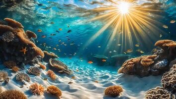 Underwater Scene Sunlight Shining Through Water with Fish and Coral photo