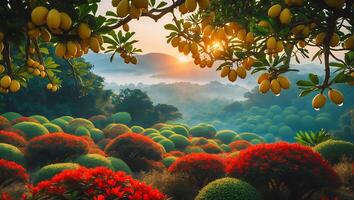 Lush Garden Landscape at Sunrise with Misty Mountains and Fruit photo