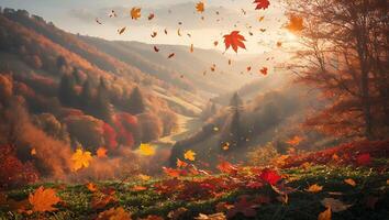 Falling Autumn Leaves in Mountain Valley with Warm Sunlight Through Trees photo