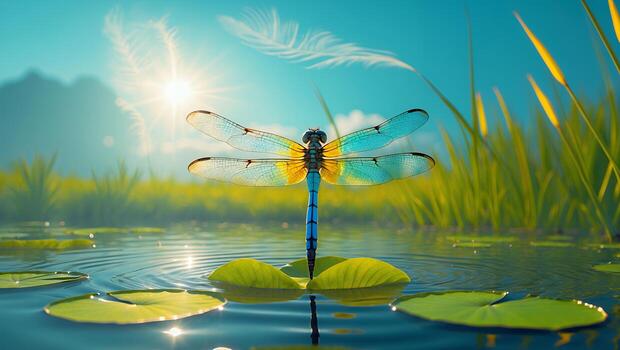 Dragonfly Resting Peacefully on a Lily Pad in Serene Pond Water photo