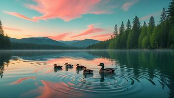Ducks Swimming on Serene Lake at Dusk with Reflections and Forest photo