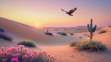 Eagle Soaring Over Desert Landscape at Colorful Sunset with Cactus Flowers photo