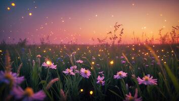 Meadow of Wildflowers at Dusk with Mysterious Glowing Light Particles photo