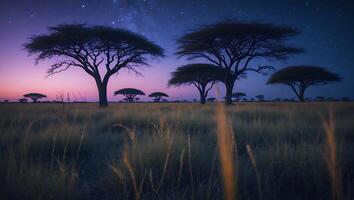 Trees Silhouetted on Savanna Under a Starry Sky at Night photo