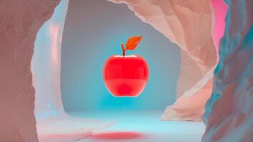 Floating Red Apple with Stem and Leaf in Cave Setting photo