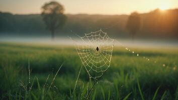Spider Web with Dew Drops in Field at Sunrise Landscape photo