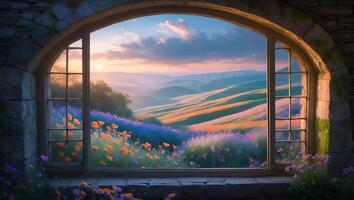 Open Window View of Flower Field and Rolling Hills at Sunset photo