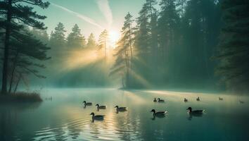 Ducks Swimming on Misty Lake at Sunrise in Forest Setting photo